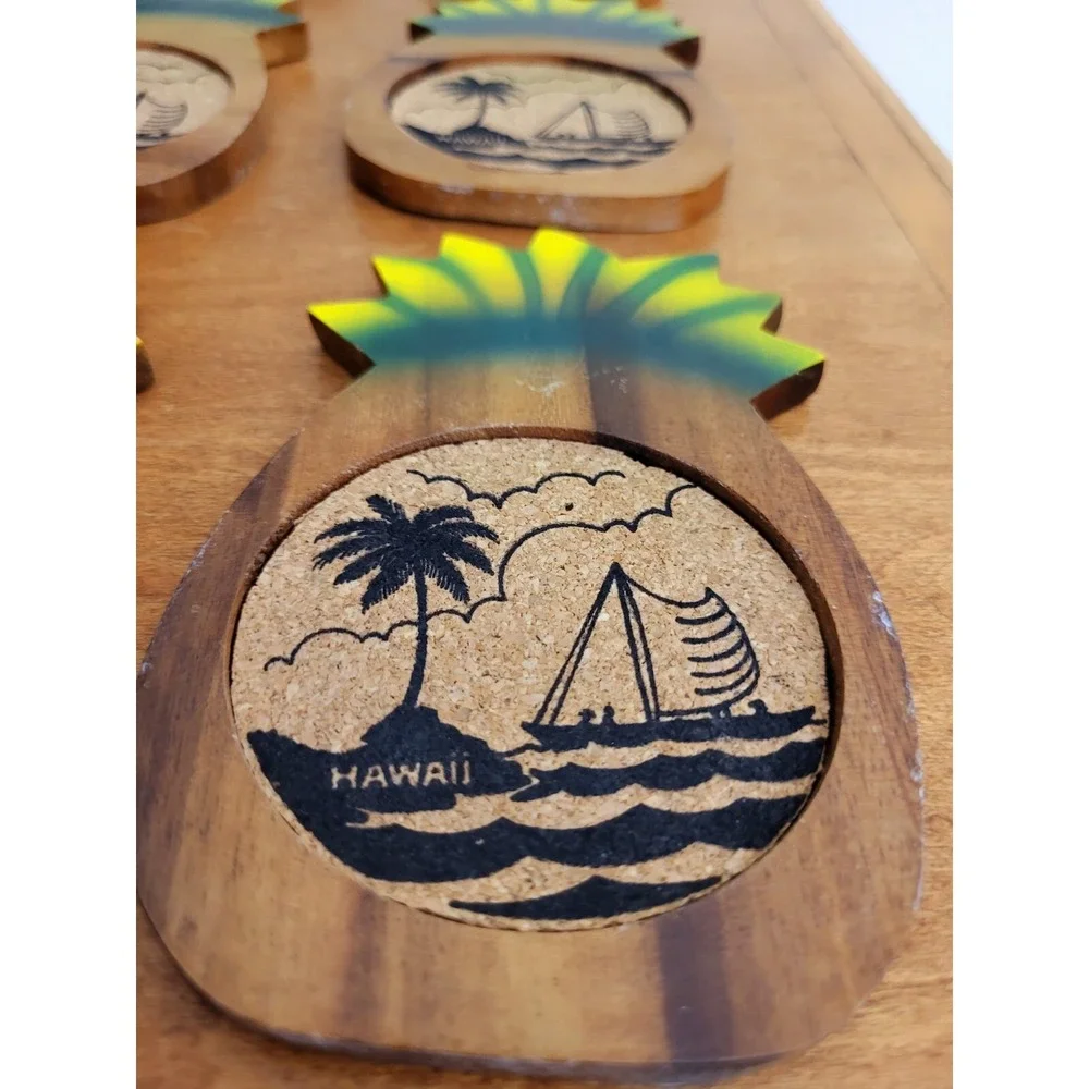 Vintage‎ Pineapple Shaped Cork Coasters w/ Holder Philippines MCM Beach Tiki